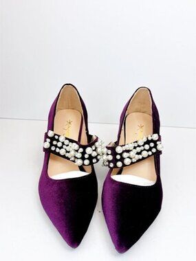 Size 8 Purple Velvet Pearl Mary Jane Heels Embellished Pointed Toe Dress Pumps